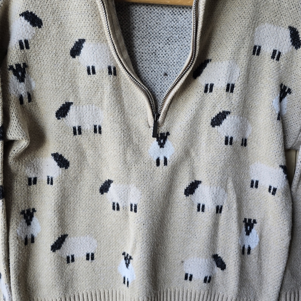Ricki's Sheep Lamb Print 1/4 Zip Long Sleeve Pullover Tan Sweater Medium - Picture 7 of 12